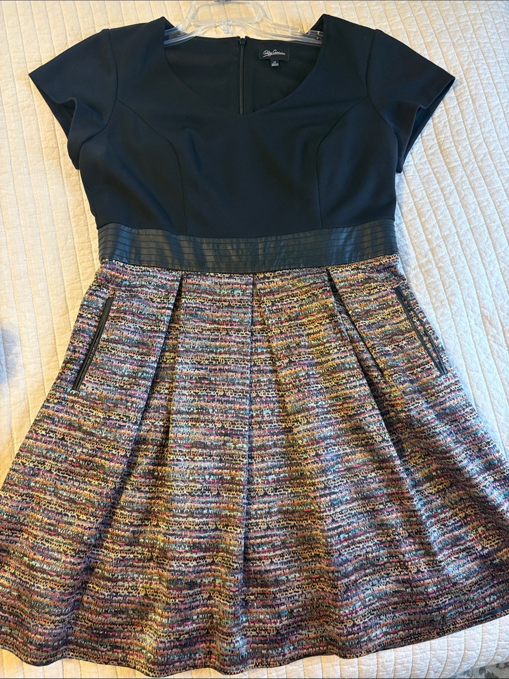 Oleg Cassini Black Bodice with Multi-Color Tweed Pleated Skirt Mini Dress